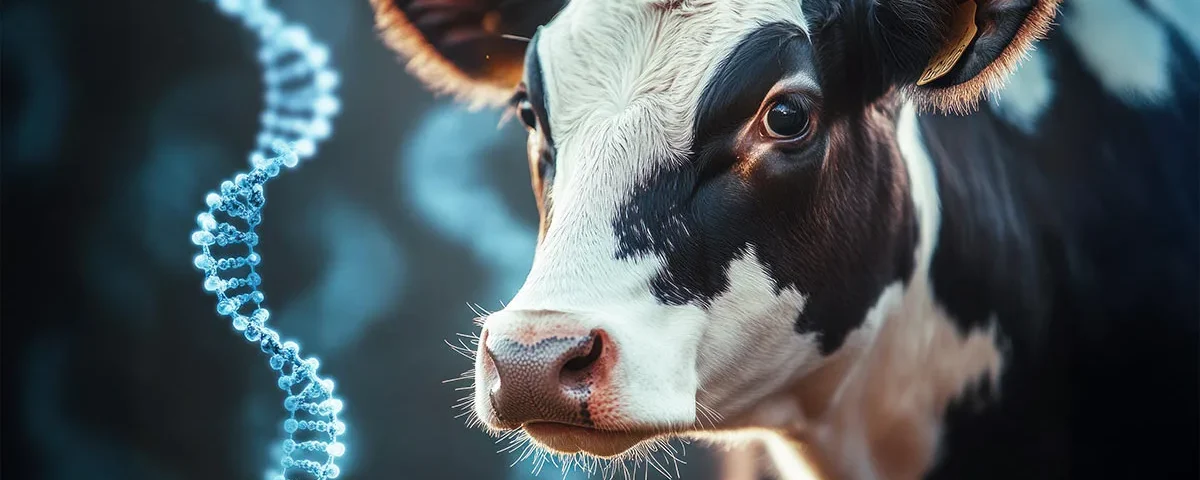 Piani di accoppiamento e genotipizzazione: costruire la mandria ideale passo dopo passo 8 Concept per piani di acoppiamento: close up su muso di vacca frisona e sullo sfondo il DNA (Immagine generata con AI)