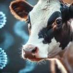 Concept per piani di acoppiamento: close up su muso di vacca frisona e sullo sfondo il DNA (Immagine generata con AI)