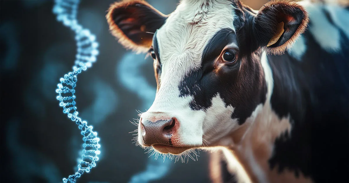 Concept per piani di acoppiamento: close up su muso di vacca frisona e sullo sfondo il DNA (Immagine generata con AI)