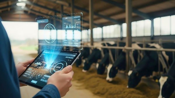 Dati di Aprile 2026: meno classifica, più vacche da stalla 9 Concept per riproduttori Holstein: immagine di stalla con vacche Frisona e close up su tablet che mostra valori genetici