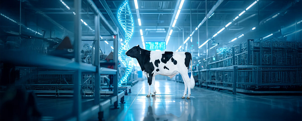 Aplotipi, tare di infertilità e gestione dell'inbreeding negli allevamenti moderni 7 Concept per alotipi e tare genetiche: toro Holstein in un laboratorio futuristico con DNA