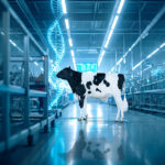 Aplotipi, tare di infertilità e gestione dell'inbreeding negli allevamenti moderni 7 Concept per alotipi e tare genetiche: toro Holstein in un laboratorio futuristico con DNA