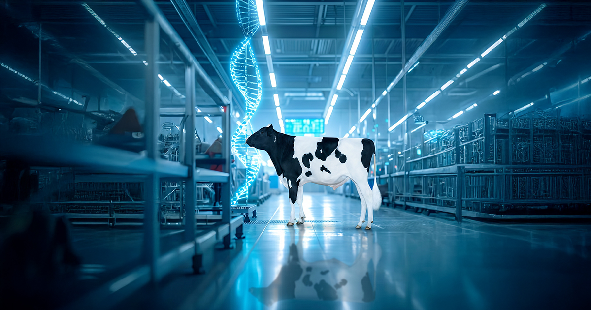 Concept per alotipi e tare genetiche: toro Holstein in un laboratorio futuristico con DNA