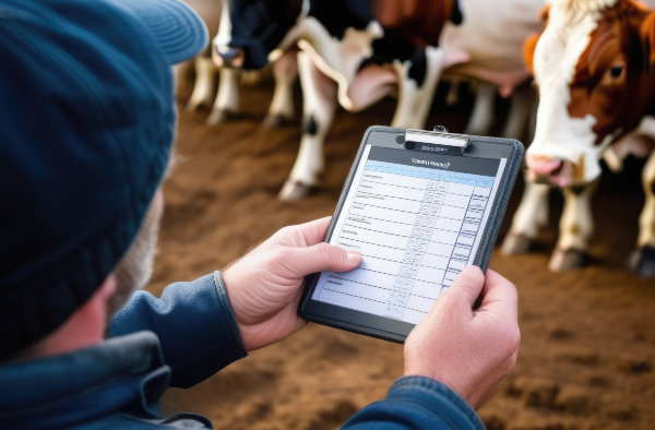 Aplotipi, tare di infertilità e gestione dell'inbreeding negli allevamenti moderni 9 Concept per alotipi e tare genetiche: close up su mani di un allevatore che reggono un tablet